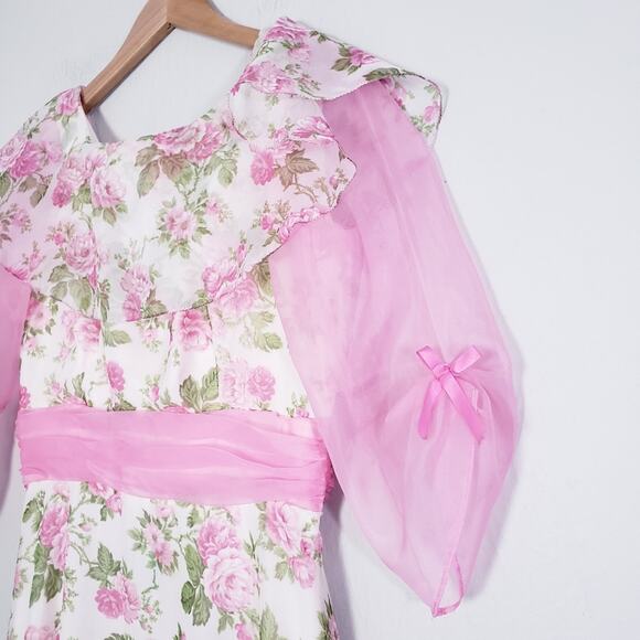 Vintage 70s Sylvia Ann Rose Floral Maxi Gown Regencycore Cottagecore Pink 14 - Picture 4 of 16